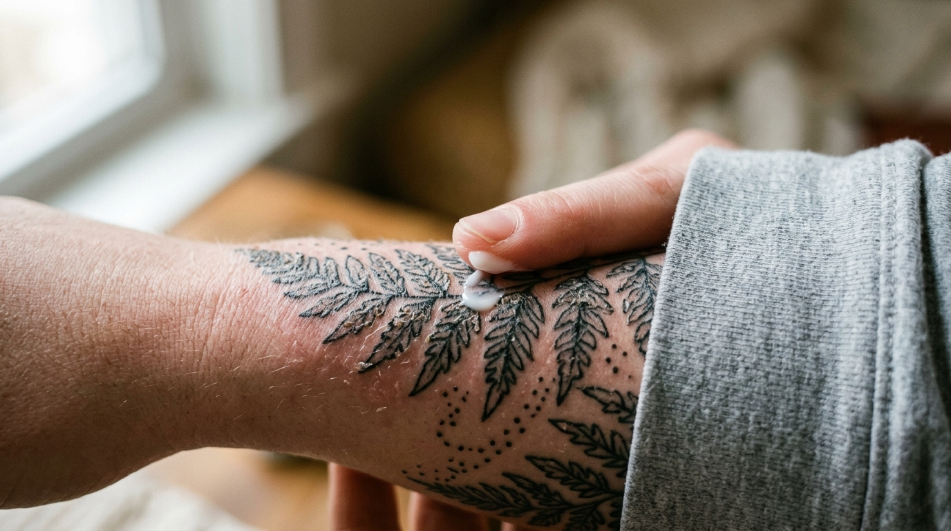 Una macrofotografia di un tatuaggio nella fase di formazione della crosta. Una persona sta applicando una crema fluida picchiettando o tamponando con la punta del dito, anziché strofinando. L'immagine sottolinea la delicatezza e la natura fragile della pelle in via di guarigione.