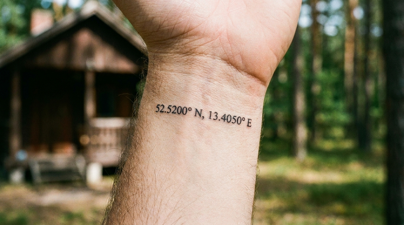 Primo piano di un piccolo tatuaggio minimalista sulla parte interna del polso di un uomo. Il disegno consiste in una semplice serie di coordinate geografiche o in una piccola catena montuosa geometrica realizzata con linee sottili.