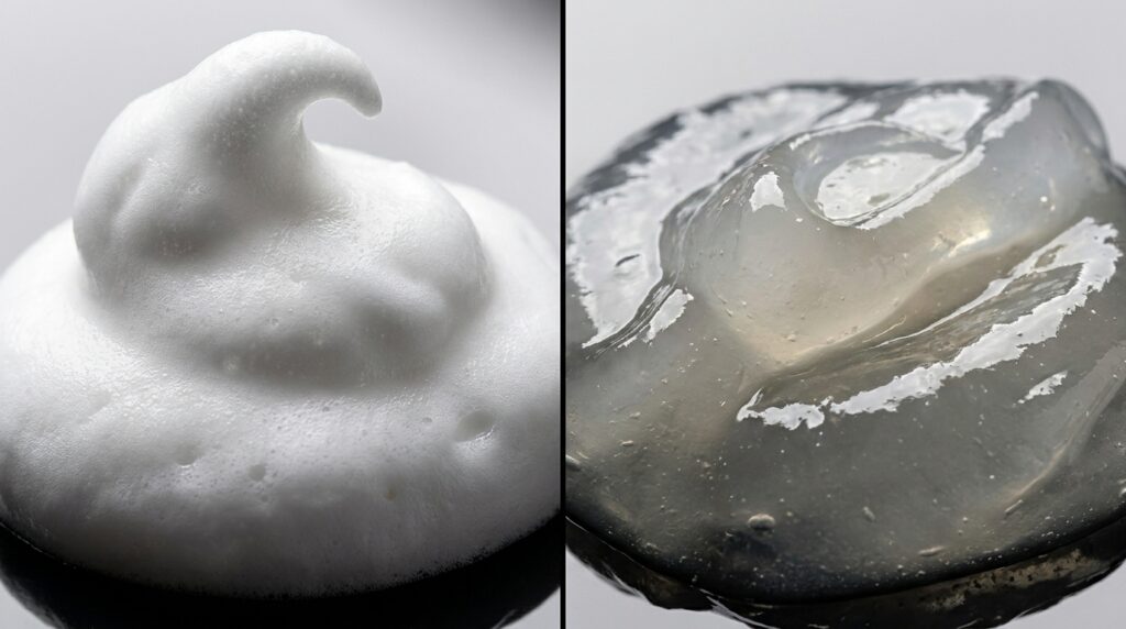 Confronto di texture (visualizzazione macro). Una macrofotografia a schermo diviso. A sinistra, una piccola quantità di crema per tatuaggi bianca, leggera e ariosa, con una punta morbida. A destra, un unguento per tatuaggi denso, traslucido e lucido, con una texture densa e pesante.