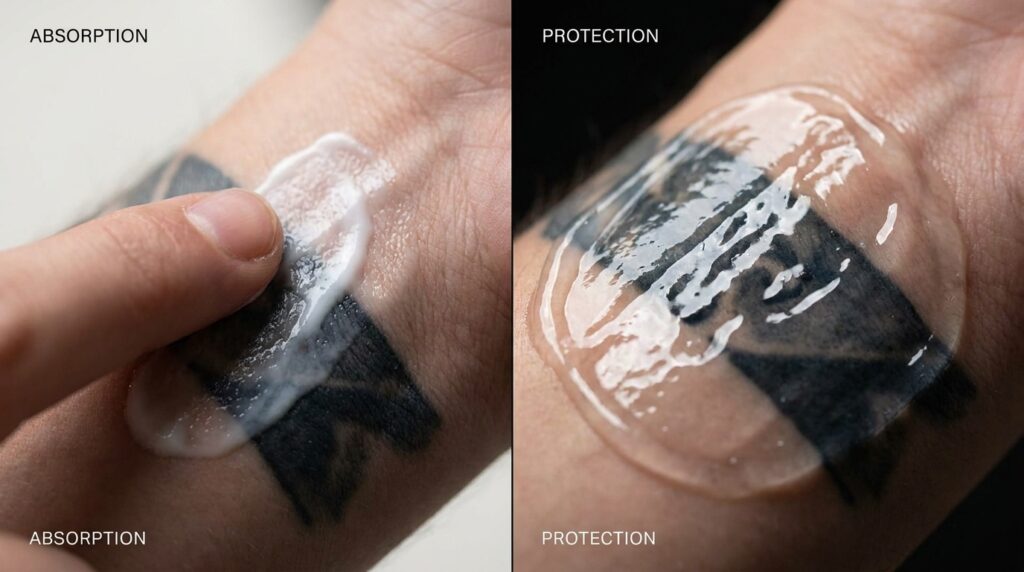 Confronto di texture (visualizzazione macro). Una macrofotografia a schermo diviso. A sinistra, una piccola quantità di crema per tatuaggi bianca e leggera viene spalmata su un tatuaggio sul polso. A destra, un unguento protettivo denso e lucido crea una barriera sull'inchiostro. Illuminazione di alta qualità per mostrare la differenza tra assorbimento e protezione.