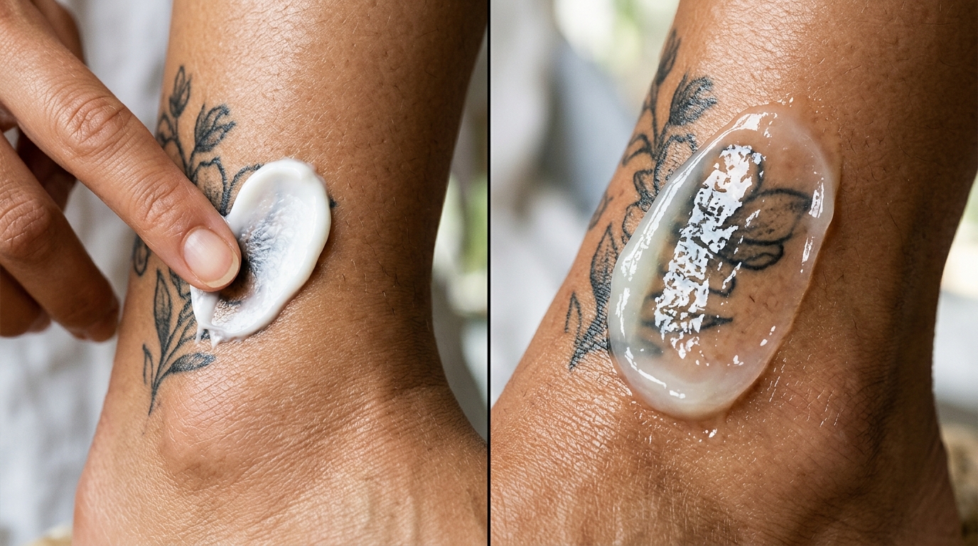 Confronto di texture (vista macro). Una macrofotografia a schermo diviso. A sinistra, una piccola quantità di crema per tatuaggi, di colore bianco chiaro, applicata su un tatuaggio alla caviglia. A destra, un unguento protettivo denso e lucido. L'attenzione è focalizzata sull'idratazione della pelle e sul contrasto tra le due texture, sotto un'illuminazione professionale.