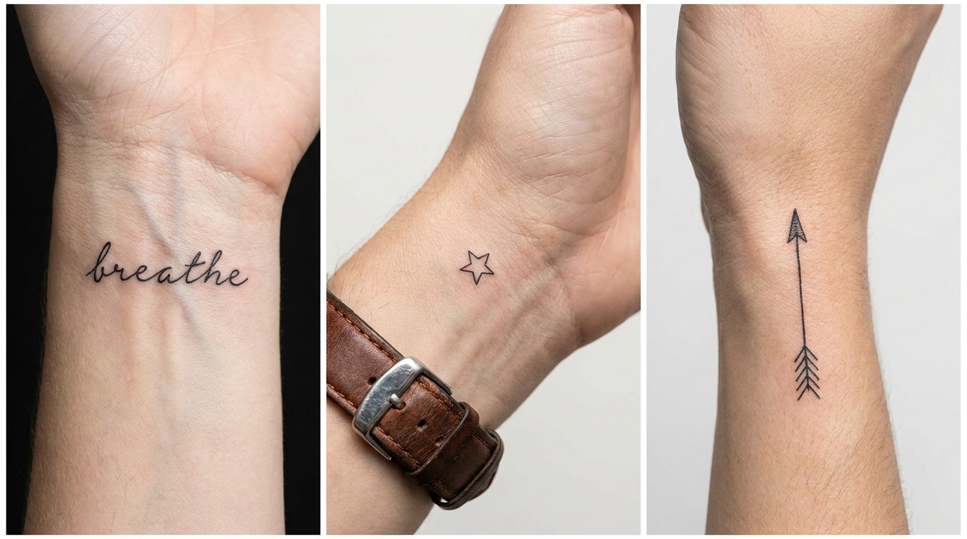 Una macrofotografia a schermo diviso che mostra tre diverse posizioni per un tatuaggio sul polso. 1: Una piccola scritta sulla parte interna del polso. 2: Una stella minimalista sulla parte esterna del polso (vicino all'orologio). 3: Una freccia verticale sul lato del polso.