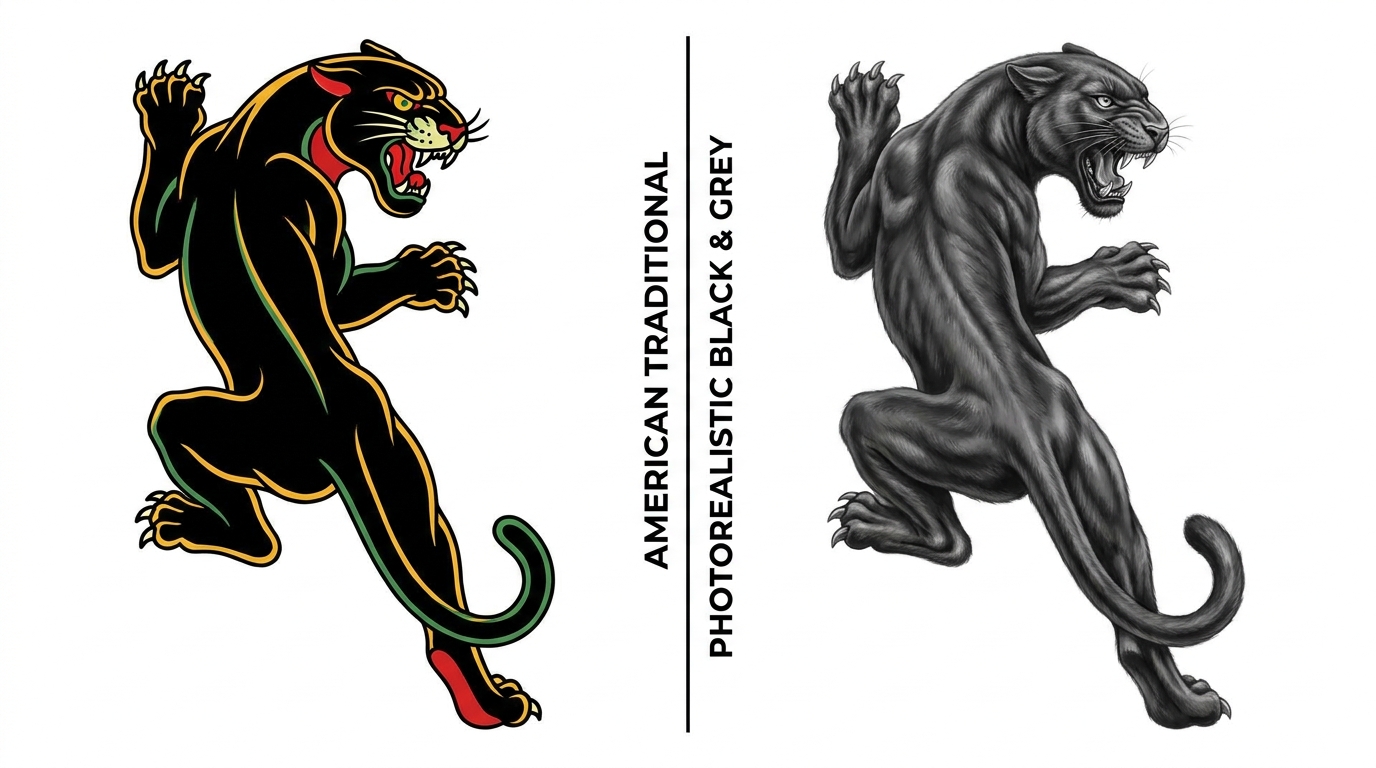 "Illustrazione comparativa di stili di tatuaggio con pantera ruggente American Traditional a sinistra, caratterizzata da contorni neri spessi e colori primari pieni, e pantera ruggente Black and Grey fotorealistica a destra, con sfumature morbide, texture realistiche e assenza di contorni marcati, su sfondo bianco."