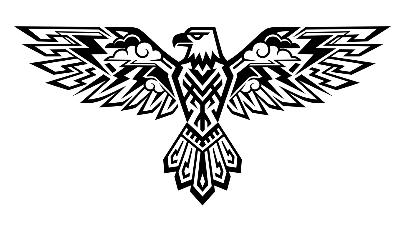 Disegno di tatuaggio tribale geometrico stilizzato raffigurante il Thunderbird dei nativi americani. Le ali si estendono simmetricamente con audaci motivi neri e angoli netti che rappresentano fulmini e nuvole tempestose.
