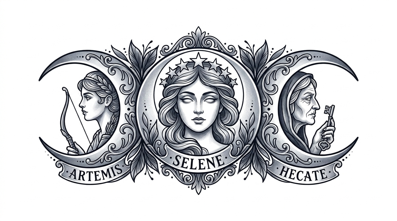 Disegno di tatuaggio Neotradizionale della Triplice Dea, composto da tre lune crescenti interconnesse. La luna centrale è piena e raffigura un sereno volto femminile (Selene), affiancata da una luna crescente (Artemide) e da una luna calante (Ecate).
