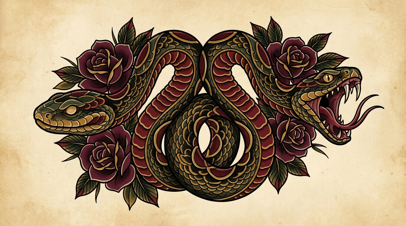 "Design di tatuaggio Neo-traditional raffigurante un serpente a due teste simmetrico, con un unico corpo arrotolato da cui emergono due teste contrastanti. Una testa mostra un’espressione calma con la bocca chiusa, mentre l’altra espone zanne affilate e lingua biforcuta in atteggiamento aggressivo. Decorato con rose rosso scuro, palette di colori intensa, contorni spessi e definiti su sfondo neutro." 