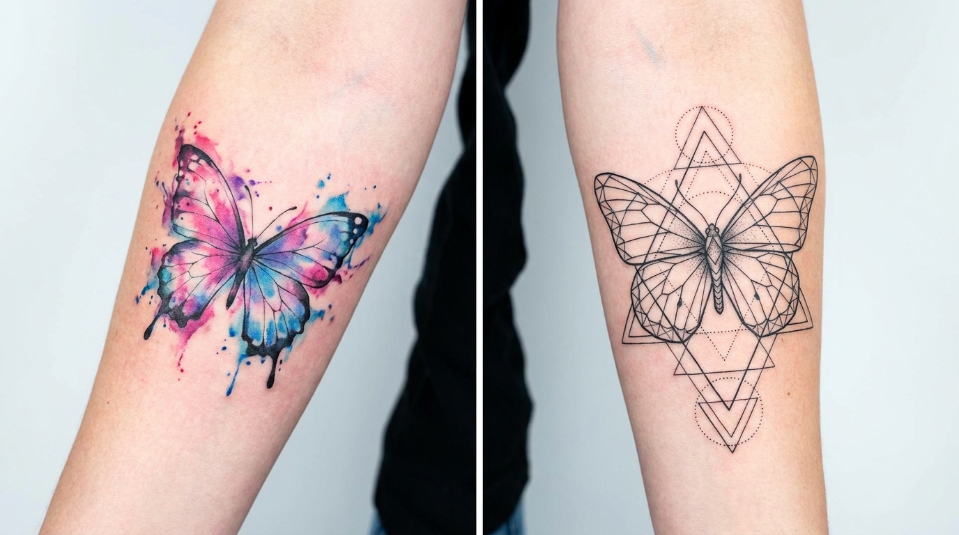 Confronto affiancato tra due moderni stili di tatuaggio. A sinistra, una farfalla in stile acquerello dall’aspetto sognante, con morbidi schizzi di inchiostro rosa e viola che sfumano oltre i contorni. A destra, una farfalla geometrica dal design netto e preciso, composta da triangoli interconnessi e linee ispirate alla geometria sacra.