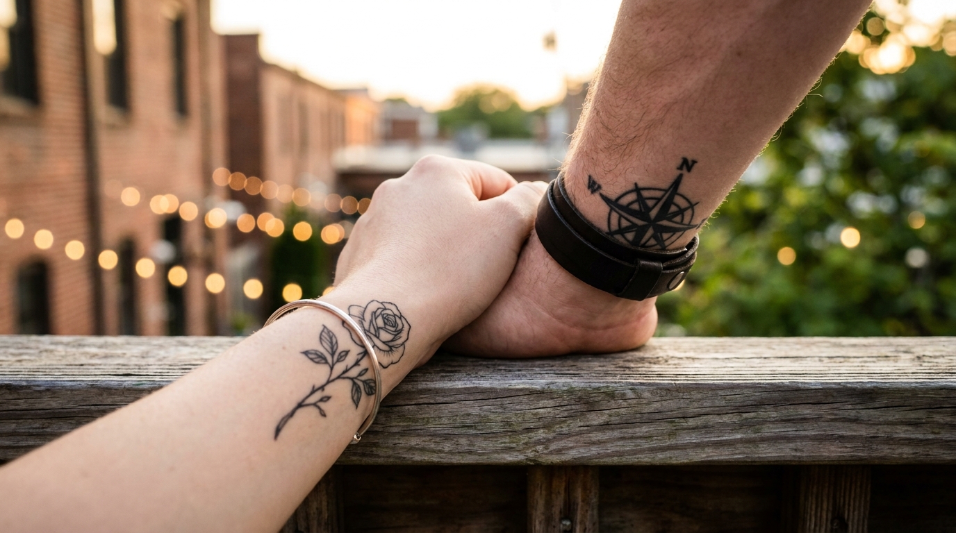 una donna con un delicato tatuaggio floreale dai contorni sottili e un uomo con un audace simbolo geometrico.