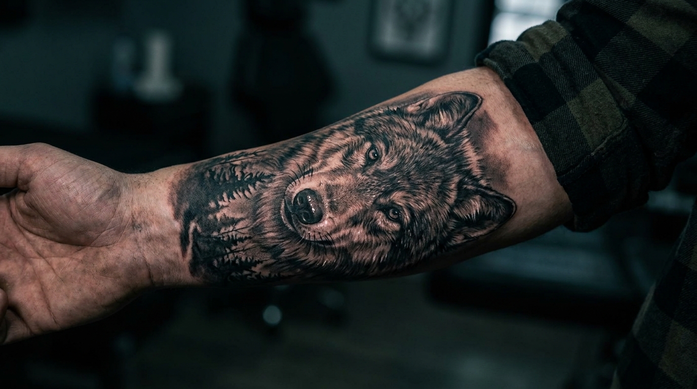 Una macrofotografia di un tatuaggio realistico di un lupo sull'avambraccio di un uomo, integrata in un paesaggio boschivo oscuro. Dettagli intensi sulla pelliccia e sugli occhi, inchiostro nero e grigio con sottili riflessi bianchi per dare profondità.