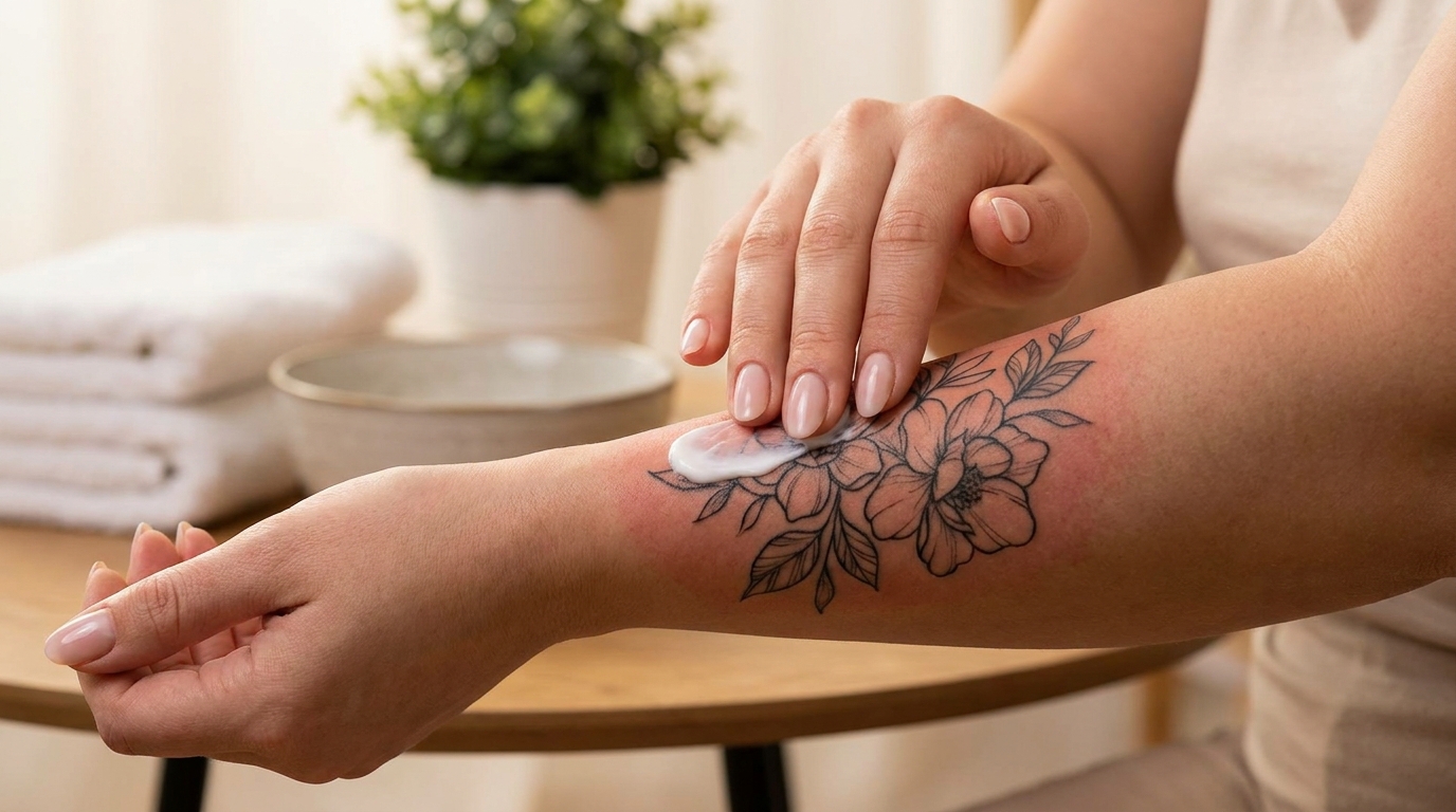Una donna applica delicatamente un sottile strato di balsamo protettivo trasparente su un tatuaggio appena fatto sul braccio. L'illuminazione mette in risalto il colorito sano della pelle e la nitidezza dei contorni del tatuaggio.