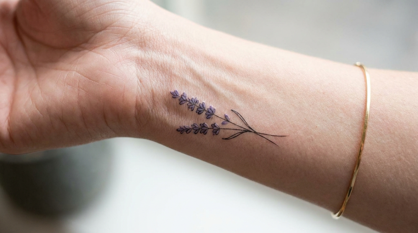 Un primo piano del polso interno di una donna con un delicato tatuaggio a forma di rametto di lavanda in stile fineline. L'inchiostro è nitido e sottile, con morbidi accenti viola.