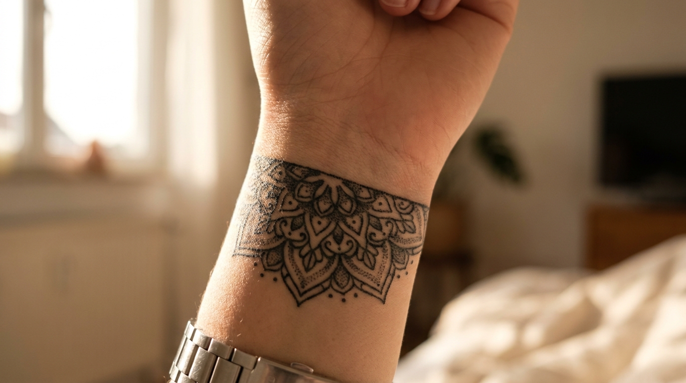 Una fotografia di un polso con un "bracciale tatuato" che avvolge interamente il braccio. Il disegno è un sofisticato motivo ornamentale a mandala. Simmetria perfetta, elegante e continuo.